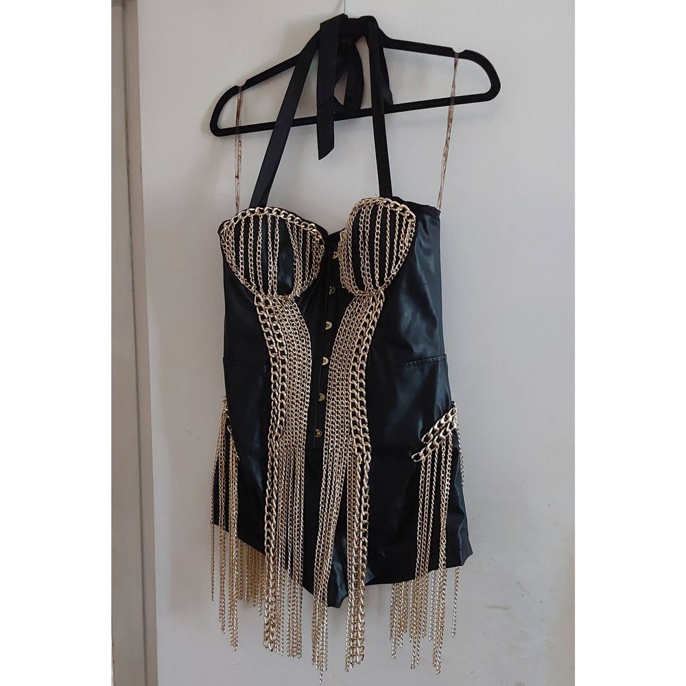 NWT~Sexy & Sultry Akira Black Vegan Leather Romper w/ Gold Chain Fringe Sz XL